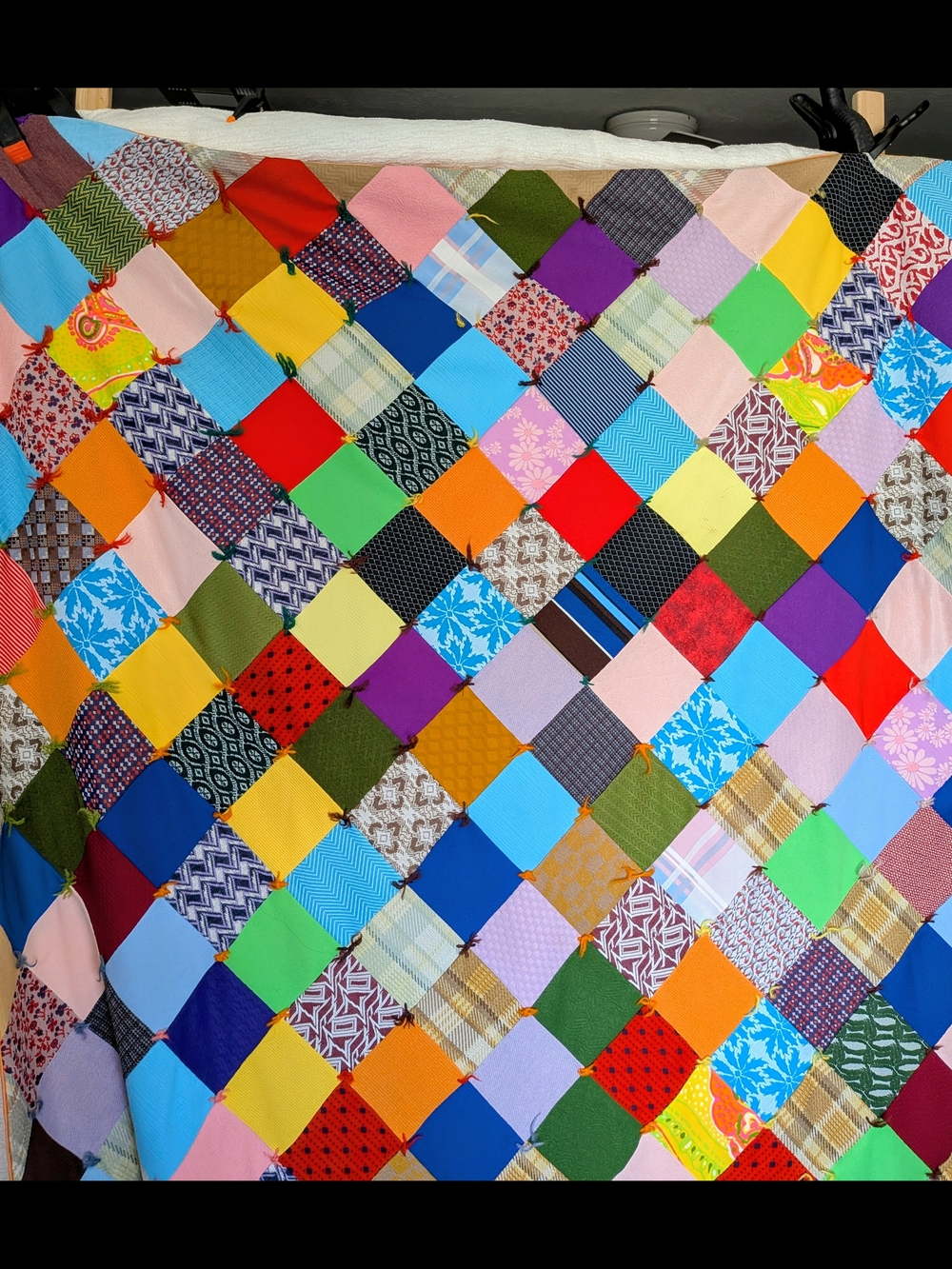 Vintage Handmade Square On Point Patchwork Quilt Blanket 1960's - Picture 5 of 9